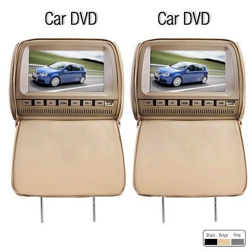 Beige pair 9&#034;lcd car headrest dvd player games fm ir transmitter usb sd video us