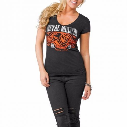 Msr metal-mulisha leveled womens tee t-shirt small v-neck top black orange girls