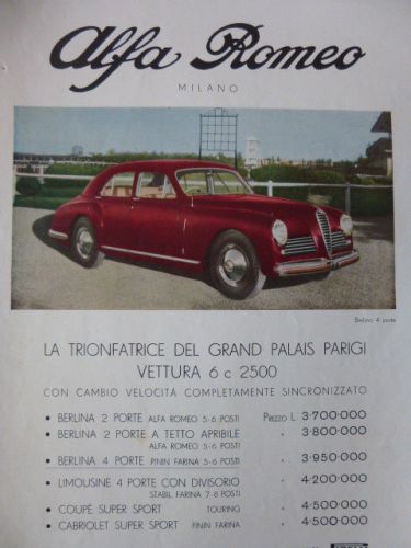 &#039;50 old advert alfa romeo 2500 cm. 25x35 alfa romeo  italy