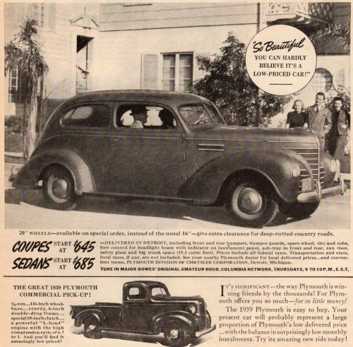 Vintage original 1939 plymouth sedan &amp; pick-up truck advertisement- 10 &#034; x 13 &#034;