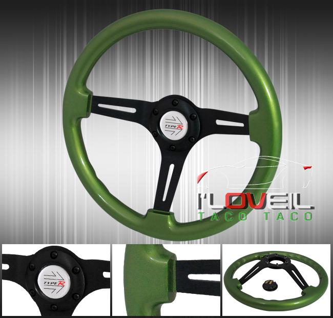 345mm green wood grain black 6-bolt hole steering wheel + jdm race type button 