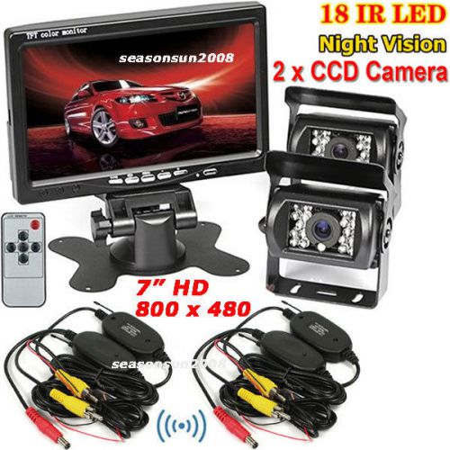 Hd 7&#034; monitor wireless backup kit+ 2x wireless ir reversing rear view ccd camera