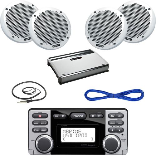 Clarion marine usb-mp3 receiver, 2x 150w speaker, 360w amplifier, wire, antenna