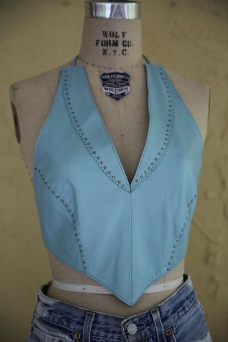 Blue leather pieced studded halter top bra boho hippie festival biker motorcycle