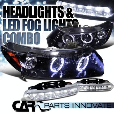 Glossy black 06-11 civic 2dr smoke led projector headlights+6-led fog lamps