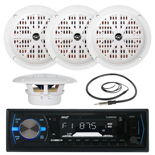 Plmr61w white 6.5&#034; marine speakers, antenna, plmrb29b marine aux usb am fm radio