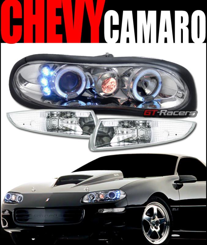 Chrome drl led halo projector head lights lamps w/signal bumper 1998-2002 camaro