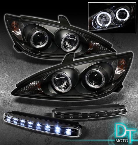 Drl led bumper fog lamps+02-04 camry dual halo projector head lights jdm black