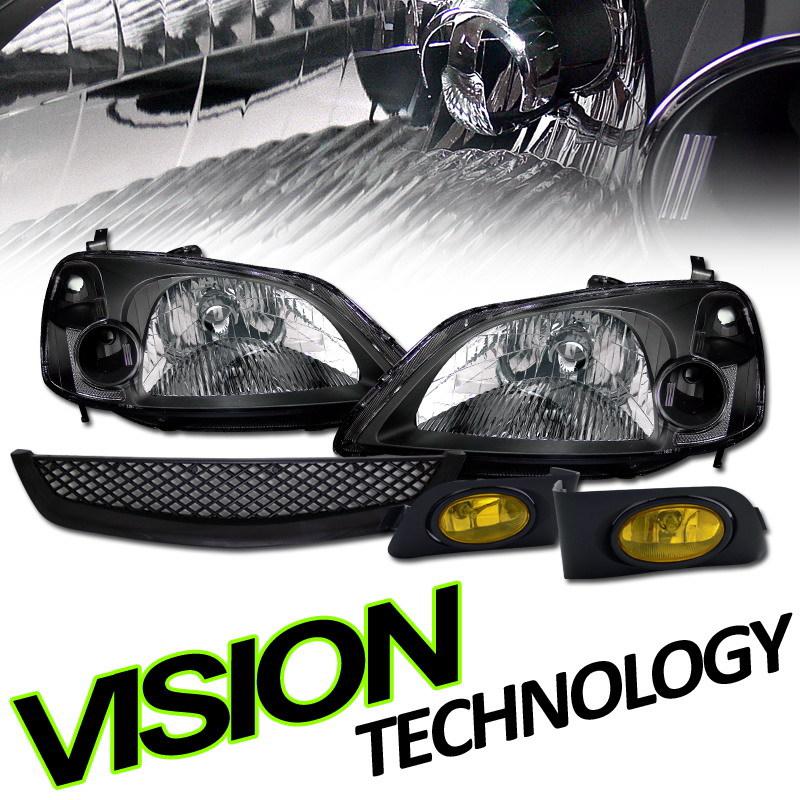 Jdm blk crystal head lights+yellow fog lamps+mesh grille 01-03 civic coupe/sedan