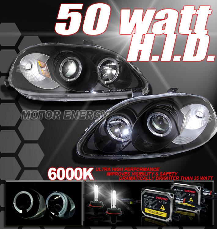 96-98 civic jdm projector headlight+50w 6000k hid black