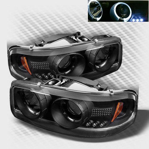 00-06 gmc yukon 99-06 sierra twin halo led black projector headlights head light