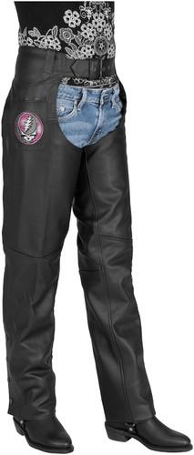 River road grateful dead steal your face womens leather pants/chaps,pink/blk, 12