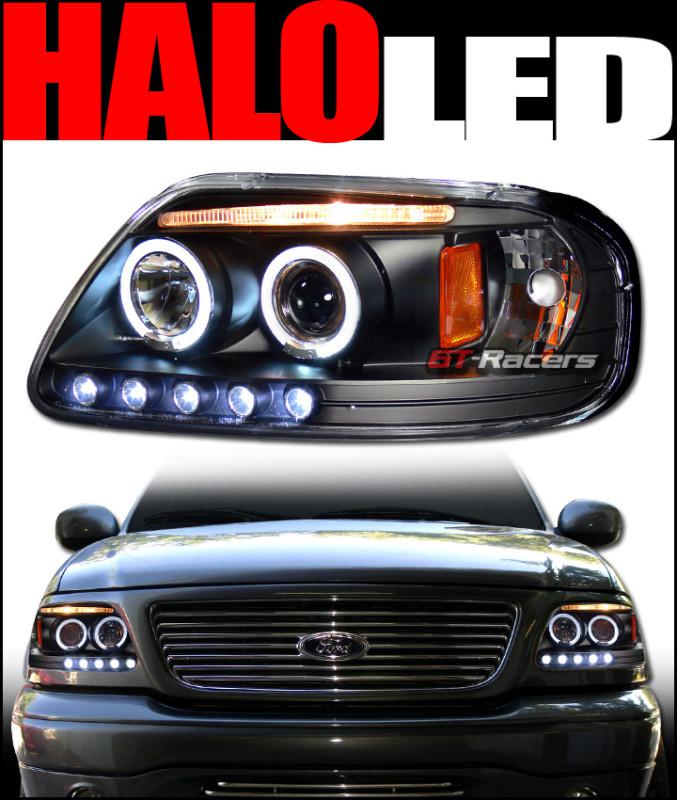 Blk drl led halo rims projector head lights corner signal 97-03 f150/expedition