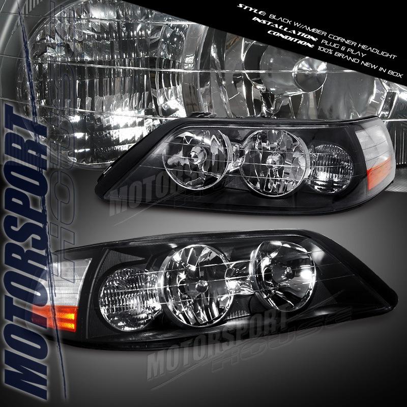 03 04 lincoln town car black housing euro clear headlight lamp pair+amber corner