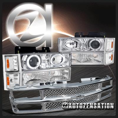 94-98 c10 suburban halo projector headlights w/ corner bumper lamps grill chrome