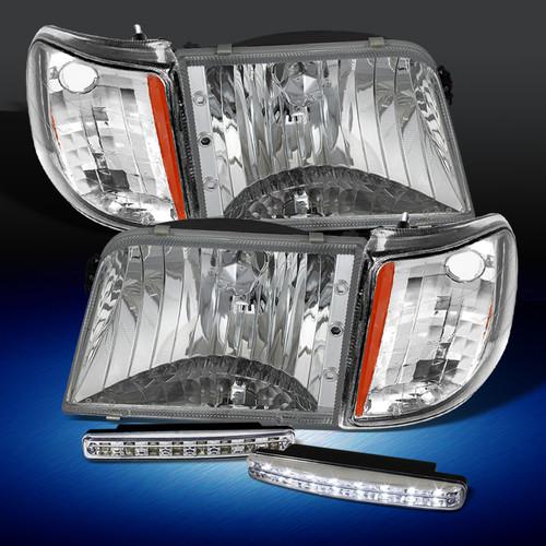 Clear 93-97 ranger crystal headlights+amber corner signal+drl led fog lamp combo