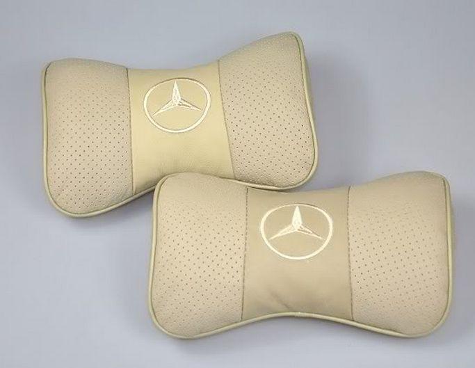 2pc mercedes benz leather seat neck pillow neck rest-aaa beige