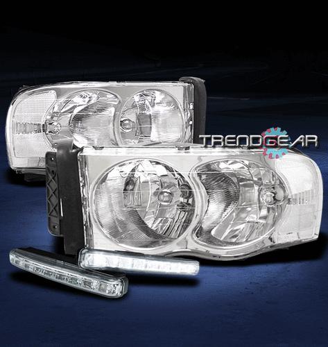 02-05 dodge ram 1500 2500 3500 crystal head lights+white led drl daytime running