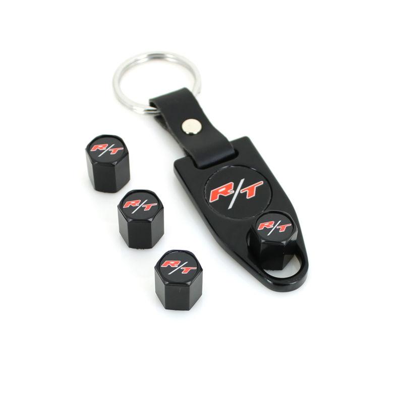 Dodge r/t logo black tire valve caps + wrench key chain