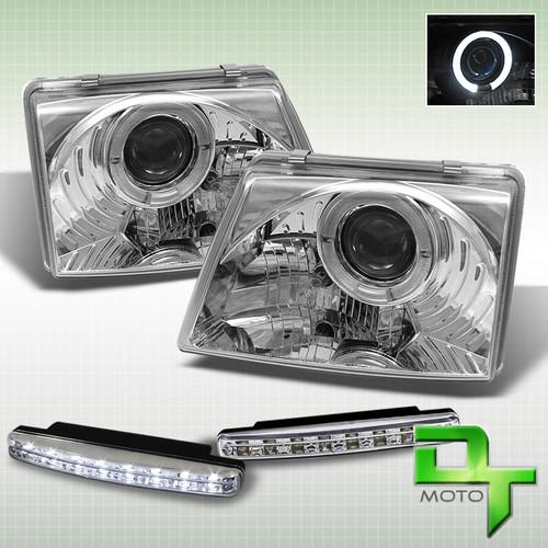 Drl led bumper fog+98-00 ford ranger halo chrome projector headlights lamps pair