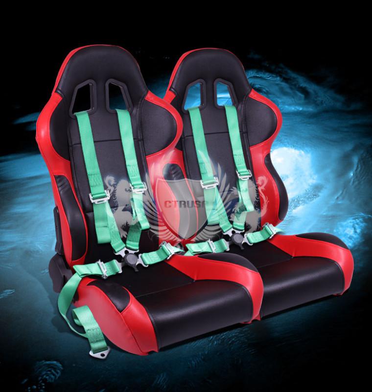 2x jdm f1 black/red turino sport racing bucket seat+4-pt green seat camlock belt