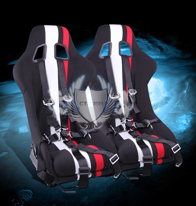 2x black/white red stripe fabric sport racing bucket seat+6-pt belt camlock pair