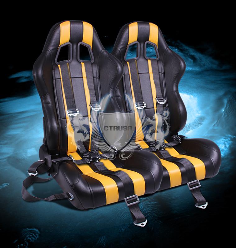 2x blk/yellow stripe reclinable pvc sport racing bucket seats+ 4-ptcamlock strap