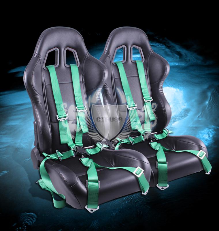 2x type-r black turino sport racing bucket seat w/slider+6-pt green camlock belt