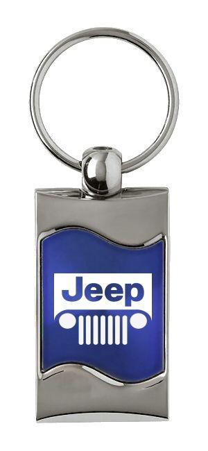 Jeep grill blue rectangular wave metal key chain ring tag key fob logo lanyard