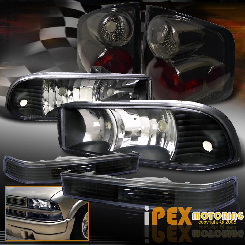 Black euro headlights + front signal lamp + smoke tail brake light for 98-04 s10