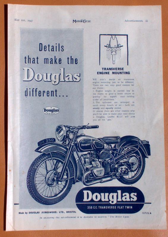 1293   1947 douglas 350 single page ad! backside for lodge spark plugs!