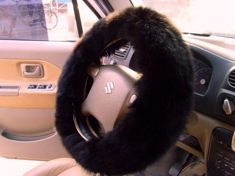 Genuine black long wool sheepskin steering wheel cover steel