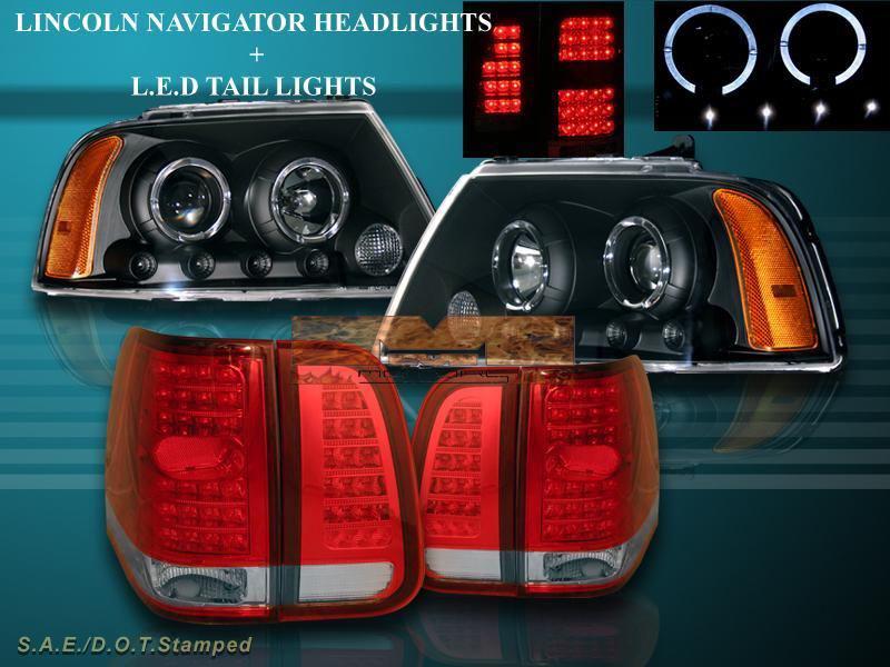 2003-2006 lincoln navigator 2 halo projector headlights black + tail lights led