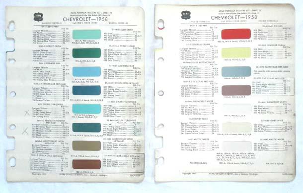 1958 chevrolet  acme    color paint chip chart all models original 