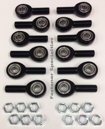 Sprint car aluminum teflon lined rod ends / heims &amp; jam nuts- black- total of 12