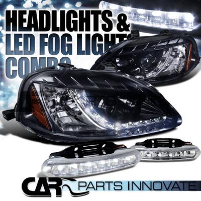 Glossy black 99-00 civic 2/3/4dr r8 drl projector headlights+6-led drl fog lamps