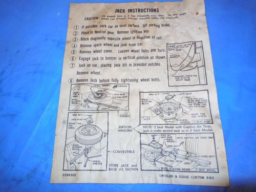 1964 chrysler &amp; dodge custom 880 part# 2266302 original jack instructions!!