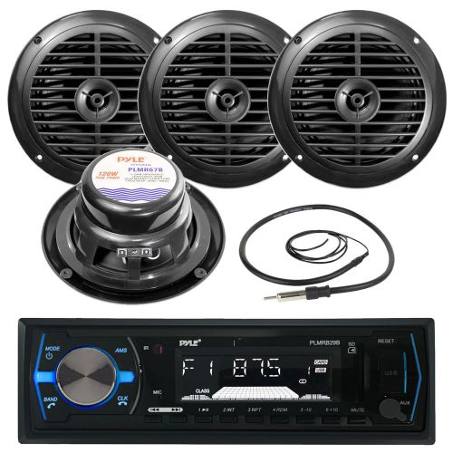 Plmrb29b black marine am fm usb radio, 4 black 6.5&#034; 120w speakers, radio antenna