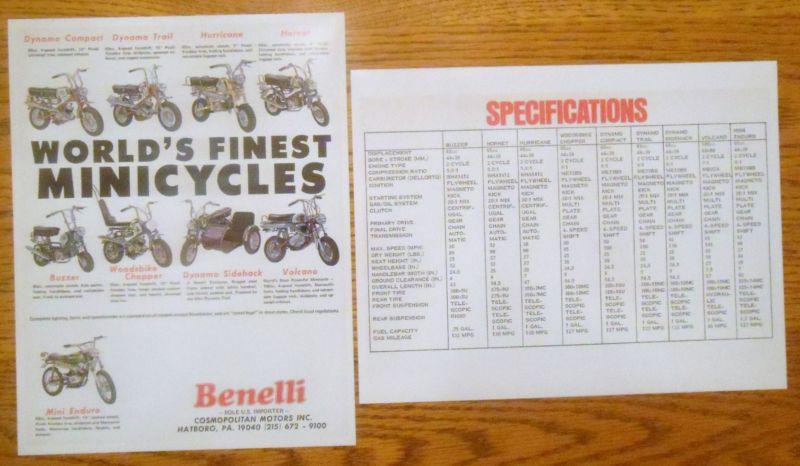 Benelli minicycles lineup sales/specs ad brochure vintage mini bike