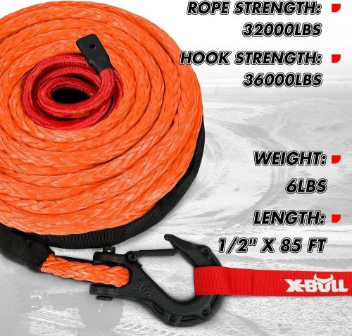 X-bull synthetic winch rope, 1/2&#034; x 85ft 32000lb winch line with sleeve and hook