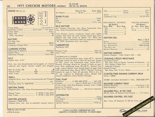 1971 checker motors aerobus 350 ci / 215 hp engine car sun electronic spec sheet