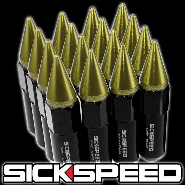 16 black/gold spiked 60mm aluminum extended tuner lug nuts wheel 10x1.25 f