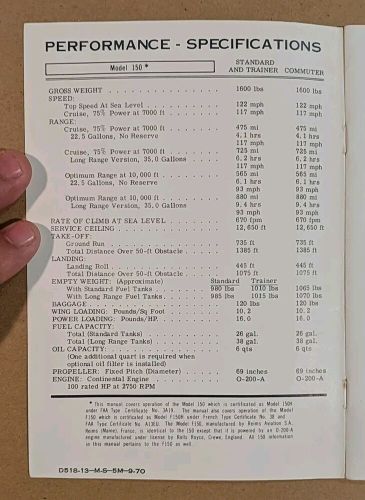 Pristine inside 1968 cessna 150 owner&#039;s manual 150h d518-13 printed 9-70