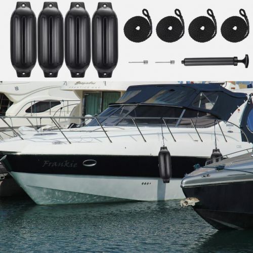 4 black 8.5&#034;x27&#034; ribbed marine boat fenders vinyl bumper dock shield protection