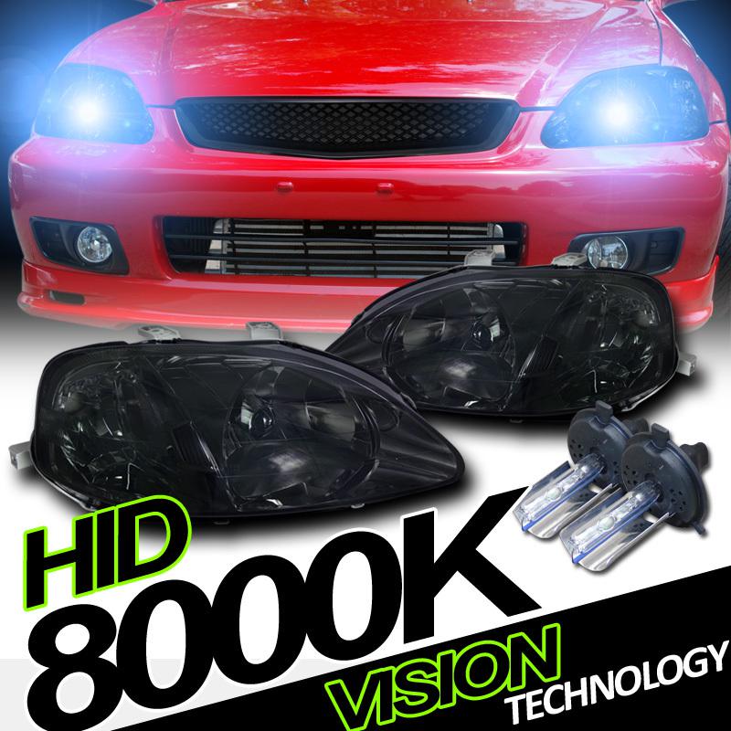 Smoke lens crystal headlights+h4 8000k hid conversion kit 99-00 civic ek/ej/em