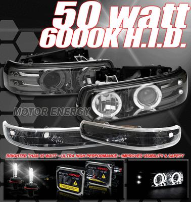 99-02 silverado 00-06 tahoe suburban halo led projector headlight+bumper+50w hid