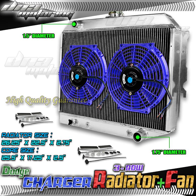 Tri core full aluminum radiator+2 x 10" blue fans 68-73 dodge charger/coronet