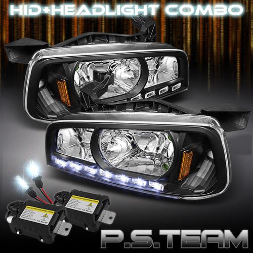 06-10 charger 1pc black crystal led headlights w/corner+6000k slim ballast hid