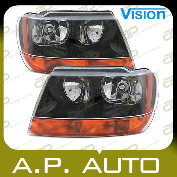 Pair head light lamp assembly 99-02 jeep grand cherokee laredo black+amber lh+rh