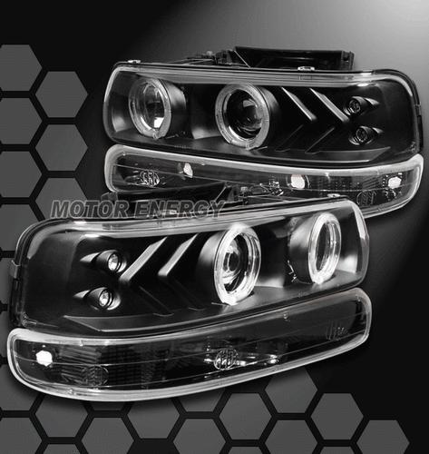 1999-2002 silverado suburban tahoe halo led projector head lights+bumper black